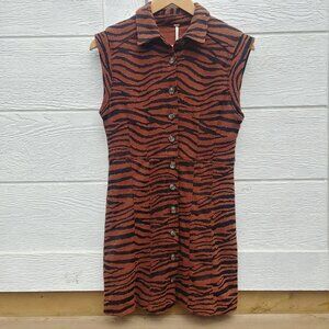Free People animal print brown black tiger stripe mini dress button down Small
